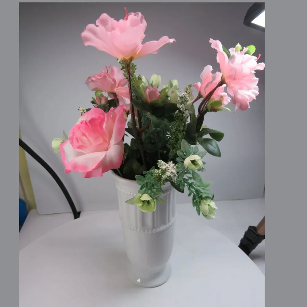 White Ceramic Vase with Pink Silk Faux Flowers Vase BEADED & RIBBED, Faired Base